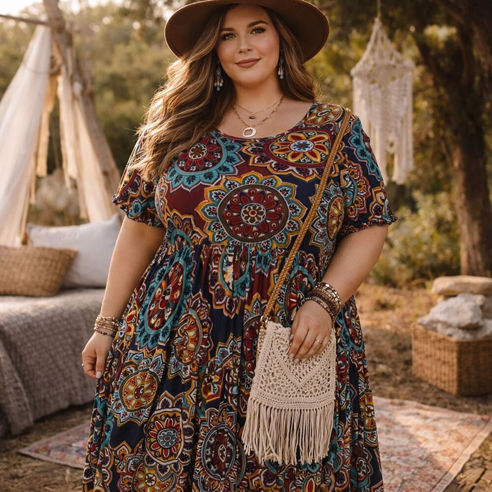 Boho Midi Dress Womens 3XL Multicolor Mandala DB Moon Pocket Short Sleeve